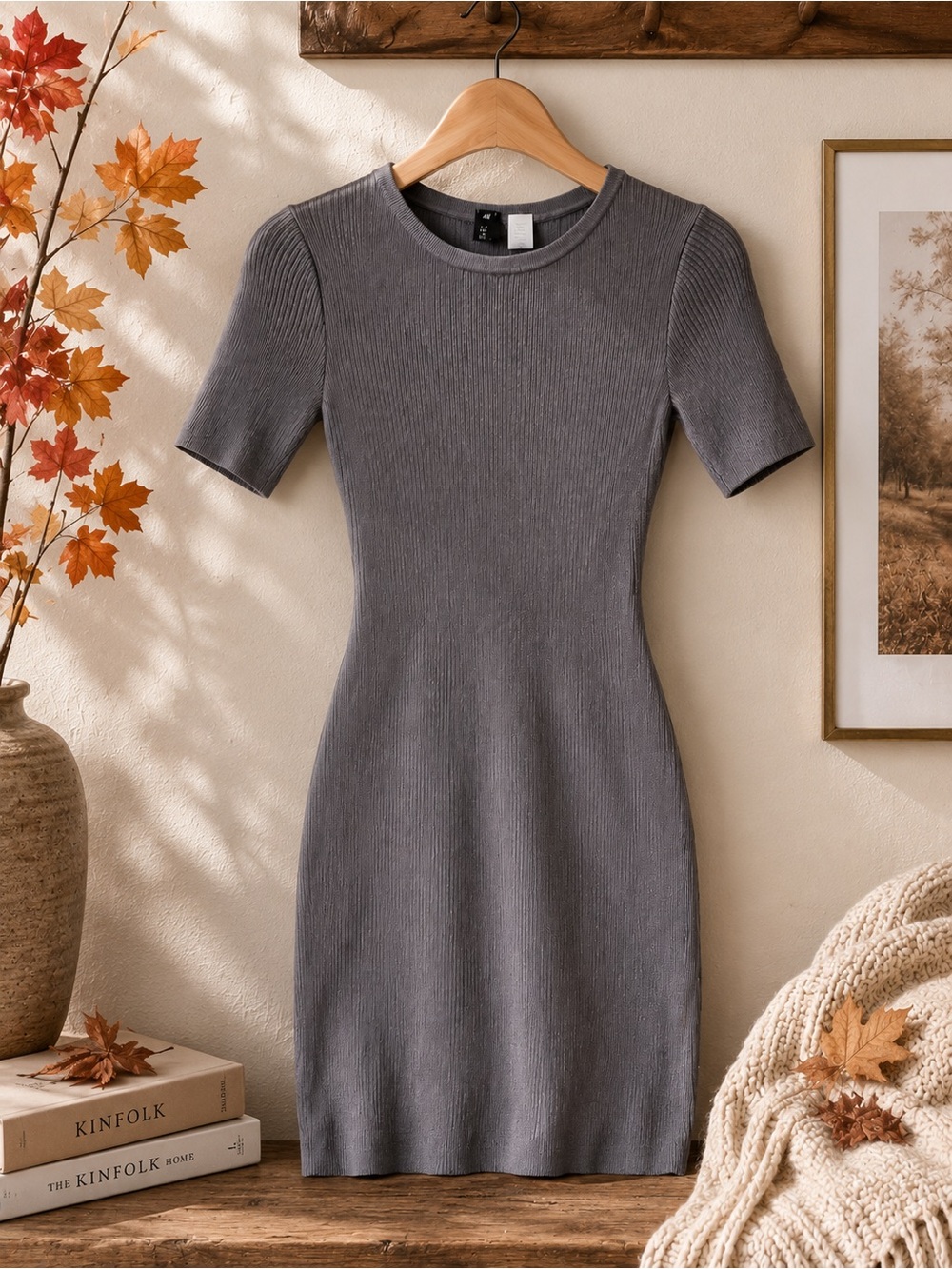 H&M Grey Ribbed Knit Short Sleeve Bodycon Mini Dress